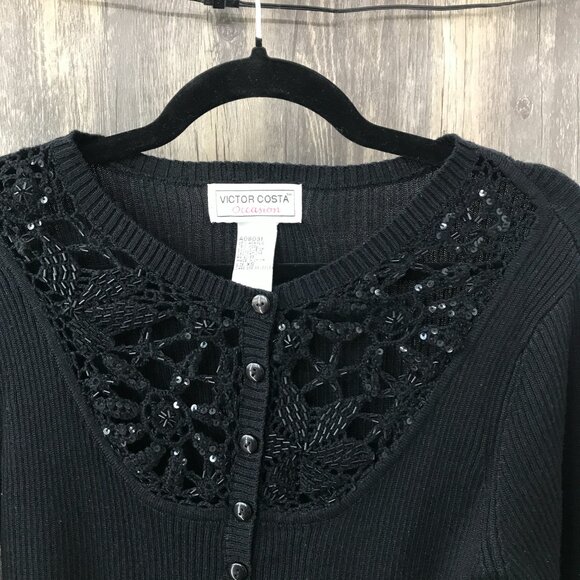 Victor Costa black wool blend black sequined cardigan sweater size XS - Picture 3 of 4